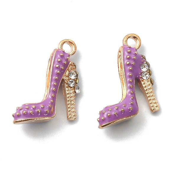 2Pcs Alloy Enamel Stilettos Pendants Cadmium Free & Lead Free with Rhinestone High-heeled Shoes Light Gold Dark Orchid 17.5x14x6mm Hole: 2mm