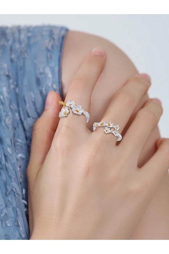2Pcs Alloy Flower Open Rings Silver Adjustable Cuff Rings Retro Jewelry Accessory for Women Birthday Festival Elegant Gifts Personalized Jewelry 9~13mm Inner Diameter: 18mm