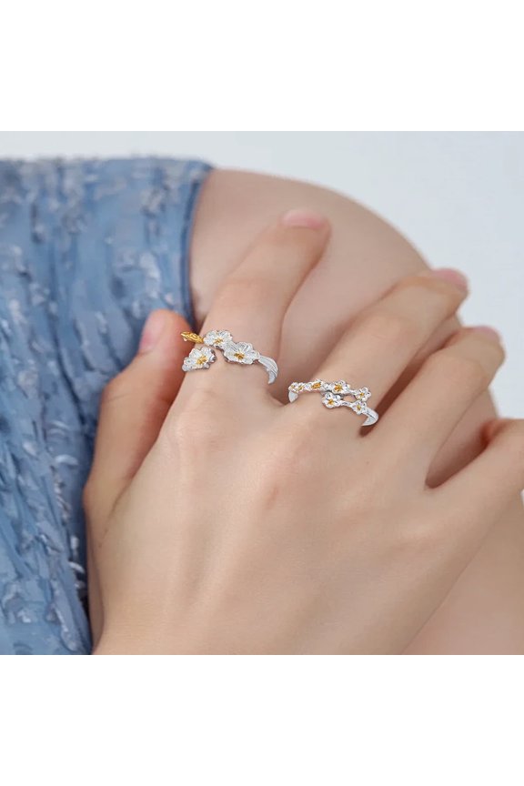 2Pcs Alloy Flower Open Rings Silver Adjustable Cuff Rings Retro Jewelry Accessory for Women Birthday Festival Elegant Gifts Personalized