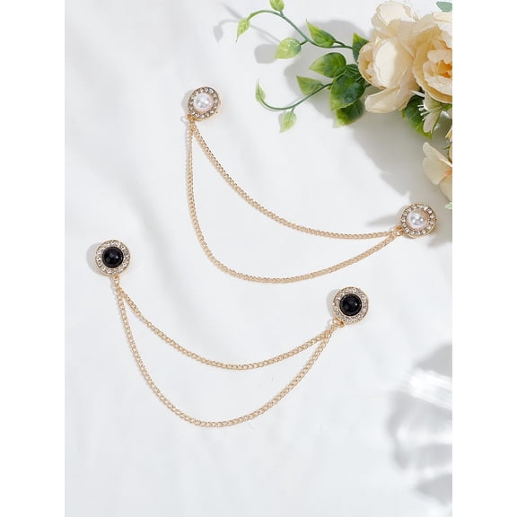 2Pcs Alloy Hanging Chains Collar Pins Tie Clips Plastic Imitation Pearl Clips Brooch