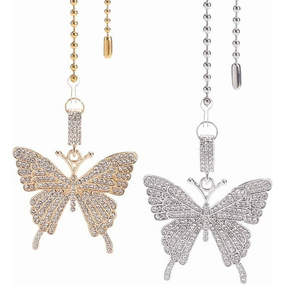 2Pcs Alloy Rhinestone Ceiling Fan Pull Chain Extenders with 304 Stainless Steel Ball Chain Butterfly Platinum & Light Gold 366mm