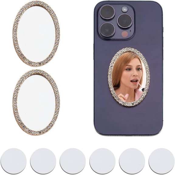 2Pcs Alloy Rhinestones Glass Makeup Mirror with 6Pcs Acrylic Double-sided Sticker Oval 5.85x4.1x0.45cm