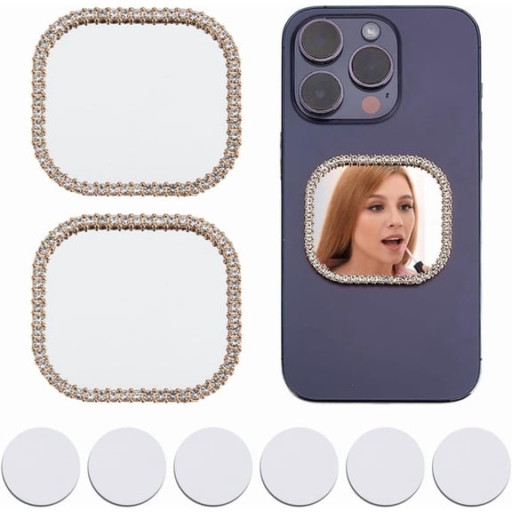 2Pcs Alloy Rhinestones Glass Makeup Mirror with 6Pcs Acrylic Double-sided Sticker Square 5.2x4.75x0.4cm