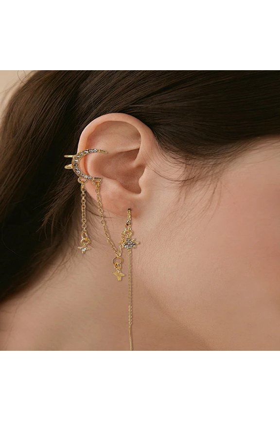 2Pcs Alloy Rhinetosne Cuff Earrings Golden Long Tassel Ear Cuffs with 925 Sterling Silver Pins Star Dangle Jewelry