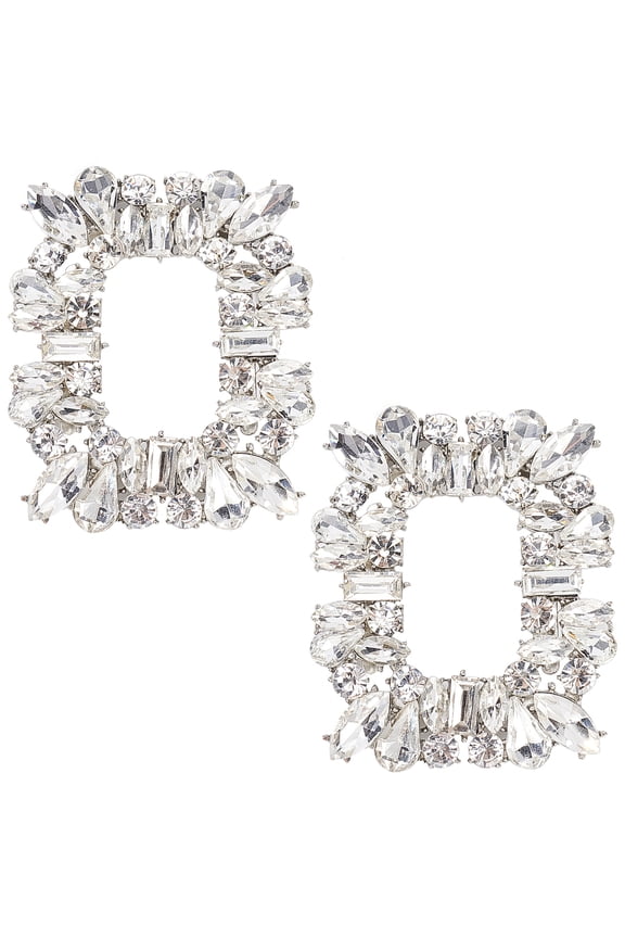 2Pcs Alloy Shoe Buckle Clips for Shoes Decoration with Crystal Rhinestone Rectangle Platinum 53x65x10.5mm