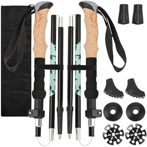 2Pcs Aluminum Collapsible Ultralight Travel Trekking Hiking Pole, Folding Adjustable Walking Sticks with Cork Handle & Tip Kit,Lightweight Telescopic Hiking Gear for Camping, Mountaining,Backpacking