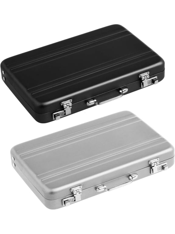 2Pcs Aluminum Password Box Card Case Mini Suitcase Password Briefcase - Silver & Black, Silver, Black, Small