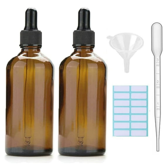 2Pcs Amber Glass Dropper Bottles With Black Caps, Measured Pipette, Funnel and Labels100ML Glass Eye Dropper Bottles for Essential Oil Pipette Refillable