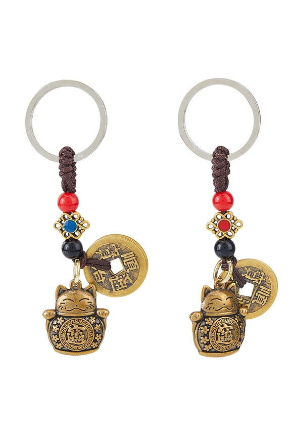 2Pcs Amulet Cat Keychain Cat Key Chain Kawaii Cats Keychain With Five Emperors Money Coins Bag Purse Car Keys Handbag