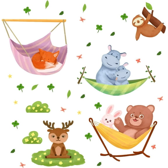 2Pcs Animal PVC Wall Stickers 35.4 x 15.3 Inch Forest Animals Hammock Wall Decal Rabbit Bear Deer Fox Hippo Wallpaper for Living Room Bed Room Decoration DIY Wall-Art Mural for DIY Bear