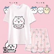 2Pcs Anime Chiikawa Homewear Usagi Pajamas Set Hachiware Round Neck Tops and Pants
