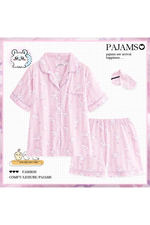 2Pcs Anime Chiikawa Pure Cotton Sleepwear Set Cartoon Homewear Short Sleeved Shorts Home Suit Set Women Cute Pajamas Gift