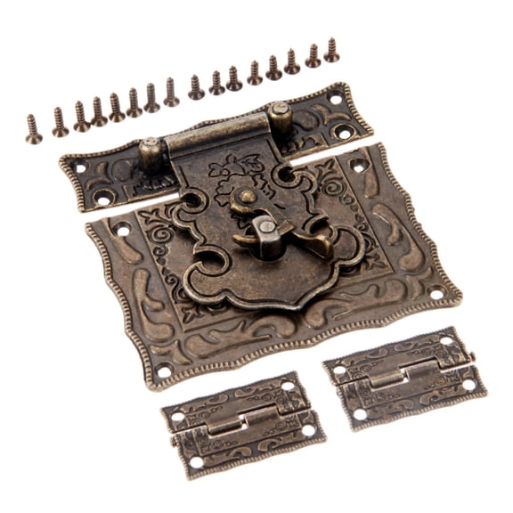 2Pcs Antique Bronze Cabinet Hinges Vintage Furniture Hardware Set and 1pc Box Hasp Latch Toggle Buckle for Jewelry Wooden Case
