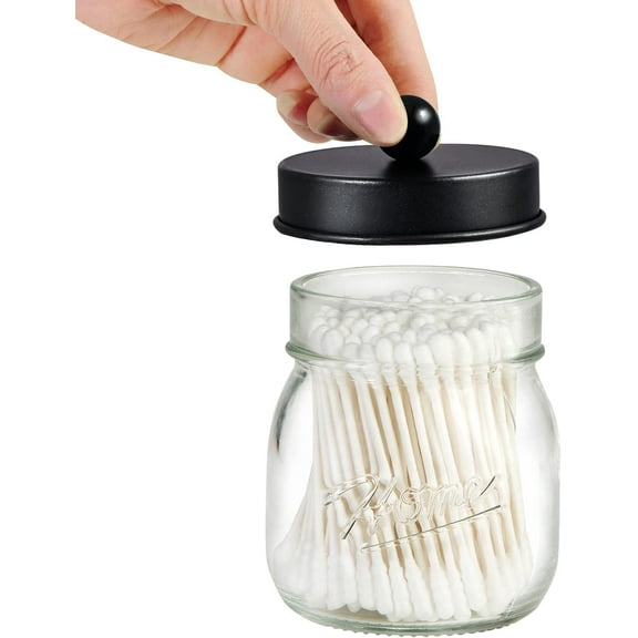 2Pcs Apothecary Jars with Lids, Glass Storage Jars, Premium Glass Qtip Holder Dispenser for Cotton Swabs, Ball-Stainless Steel Lid, for Bathroom Vanity Storage, Clear