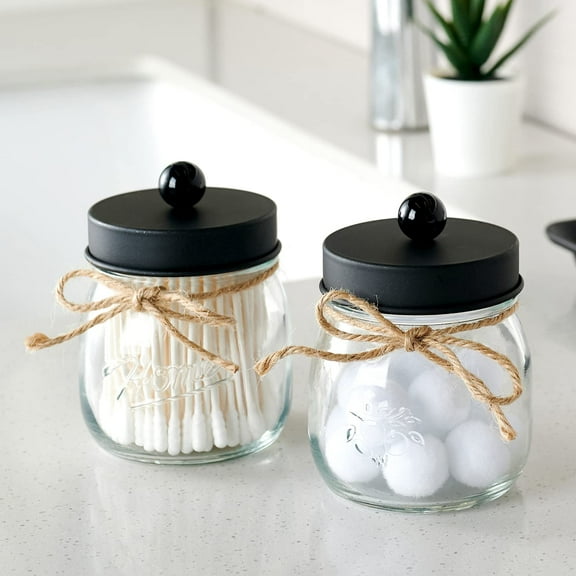 2Pcs Apothecary Jars with Lids, Glass Storage Jars, Premium Glass Qtip Holder Dispenser for Cotton Swabs, Ball-Stainless Steel Lid, for Bathroom Vanity Storage, Clear