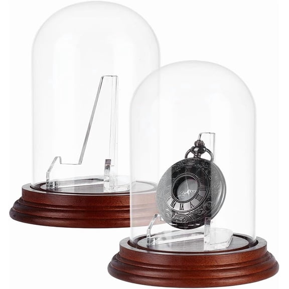 2Pcs Arch Glass Dome Cover Decorative Display Case with 2Pcs Plastic Display Stands Saddle Brown 107x140mm for DIY