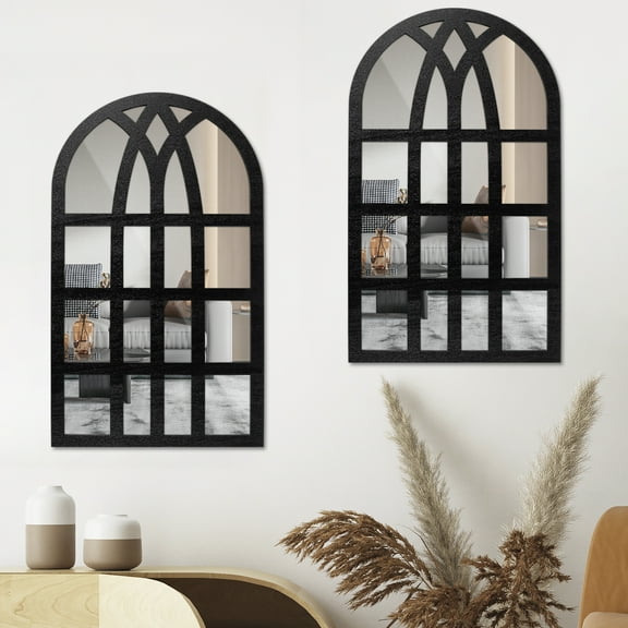 2Pcs Arched Window Mirror Retro Entry Wall Mirror Decal Acrylic Rectangle Windowpane Mirror Wood Framed Mirror Wall Decor for Living Room Entryway Dining Room Bedroom 44x26cm/44x22cm