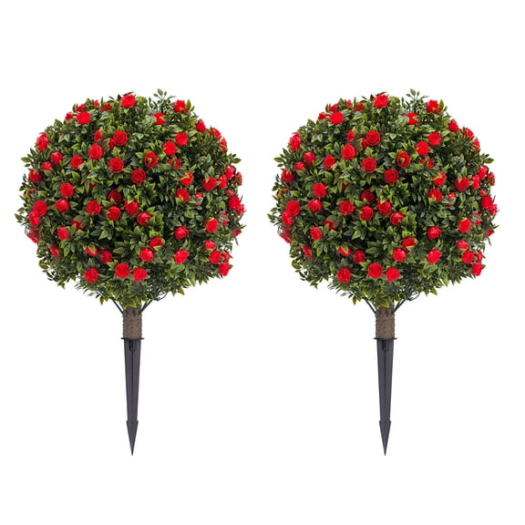 2Pcs Artificial Boxwood Topiary Ball Trees with Flowers for Outdoor