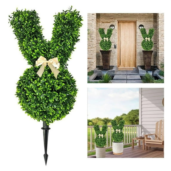 2Pcs Artificial Bunny Shape Boxwood Topiary with Spike, Easter Faux Rabbit Topiary Trees, Easter Decorative Fake Bunny Plug Trees for Easter Patio Porch Decor