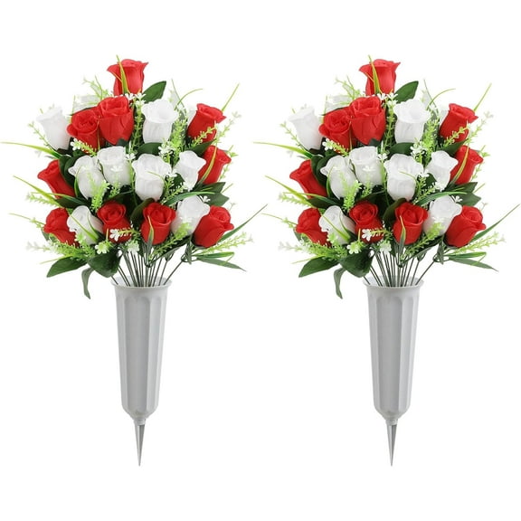 2Pcs Artificial Cemetery Flowers with Vase for Grave Silk Memorial Rose Flowers Outdoor Grave Flowers for Grave Vase Cemetery Flower Arrangements, Blue & White