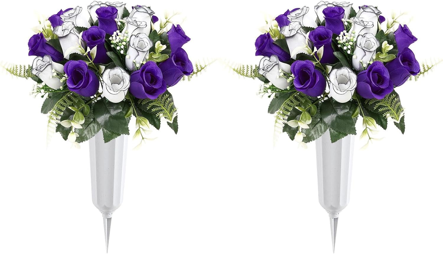 2Pcs Artificial Cemetery Flowers with Vase for Grave Silk Memorial Rose Flowers Outdoor Grave Flowers for Grave Vase Cemetery Flower Arrangements, Blue & White