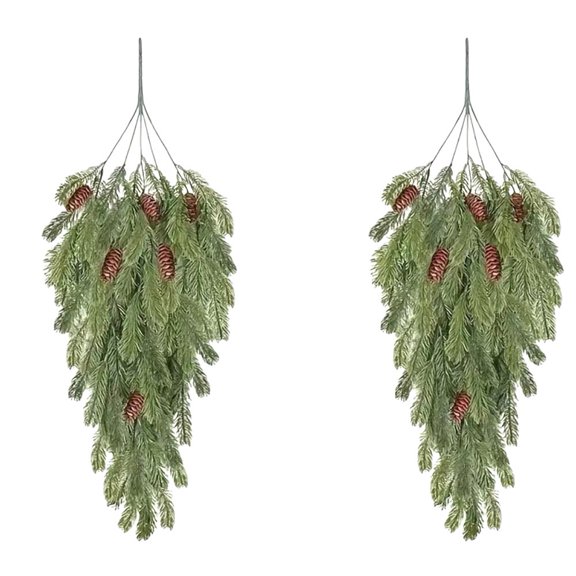 2Pcs Artificial Christmas Teardrop Artificial Pine Branches With Pine Cones