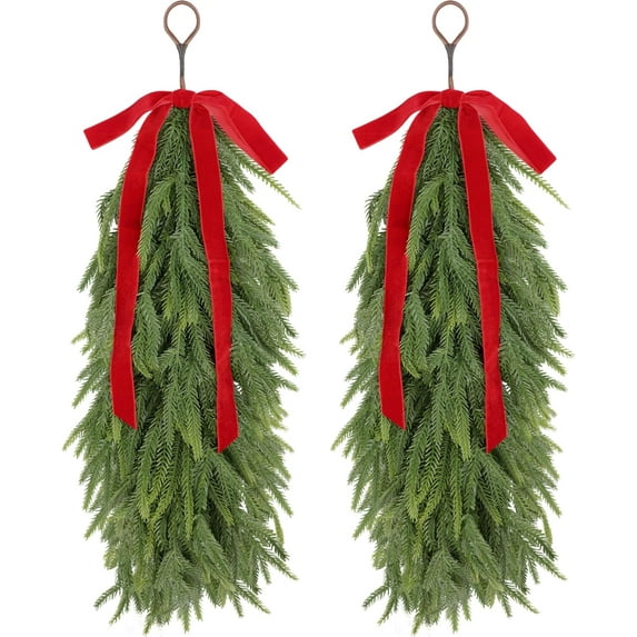 2Pcs Artificial Christmas Teardrop Swag 28" Faux Norfolk Pine Needles Branches Reusable Hanging Greenery Wreath with Red Velvet Bow for Holiday Door Table Mantle Fireplace Indoor Outdoor Decor