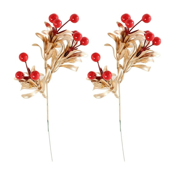 2Pcs Artificial Gold Red Berries Stems, Artificial Berry Picks Decorations for Christmas Tree, Craft DIY Decor for Home