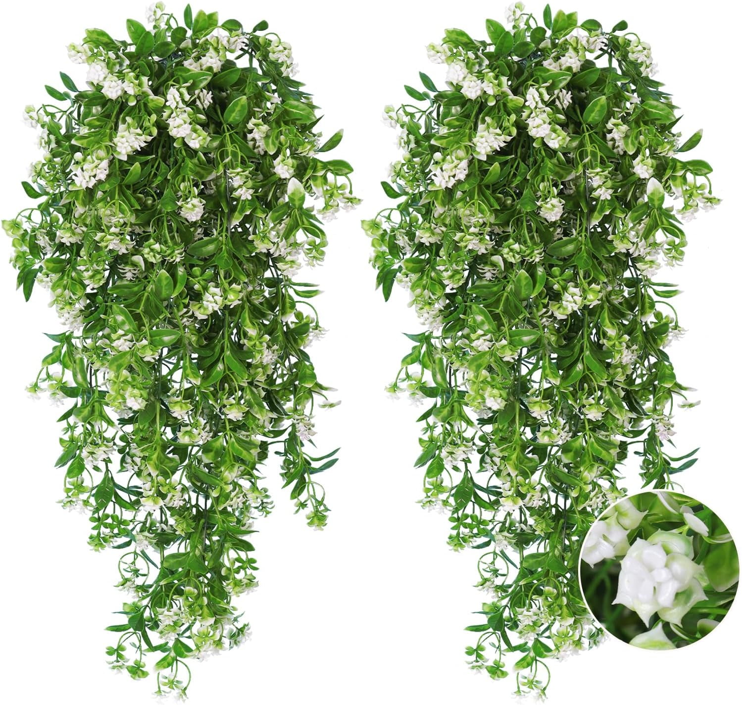 2Pcs Artificial Hanging Flowers for Outdoor Decoration Fake Plants Faux White UV Resistant Plastic Greenery Vines Ivy Indoor Garden Party Decor（White）