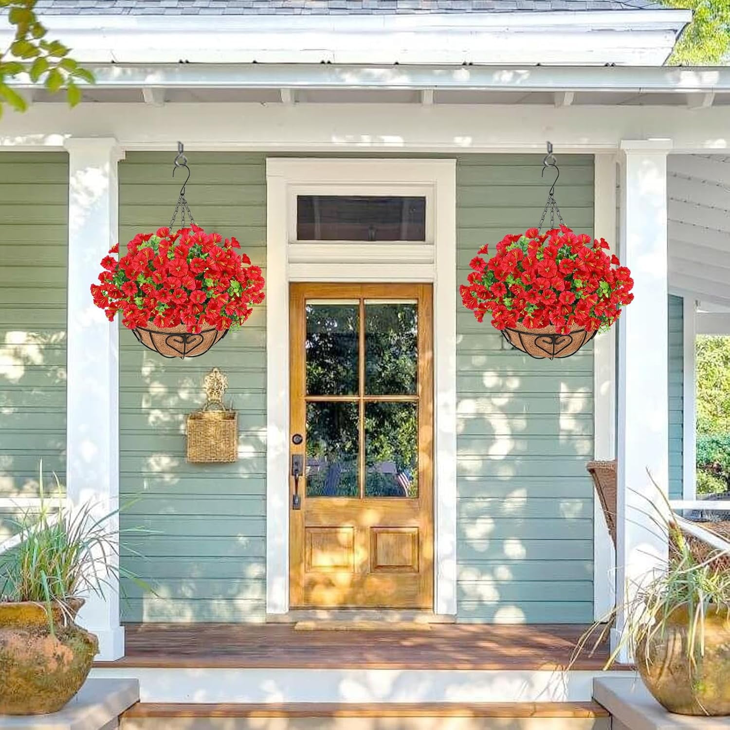 2Pcs Artificial Hanging Flowers for Outdoors, Artificial Flowers for Outdoors with Basket, Artificial Plants Outdoor UV Resistant Fake Plants for Garden Porch Window Farmhouse Decor, Purple