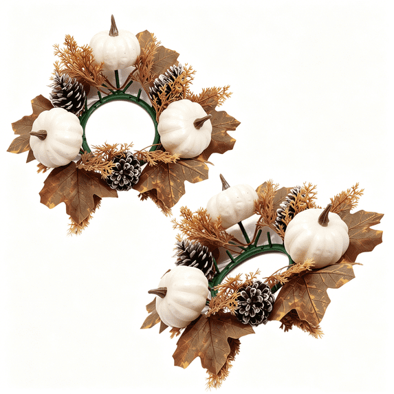 2Pcs Artificial Maple Leaf Pine Cone Pumpkin Candle Ring Wreaths, 9.8in Halloween Thanksgiving Table Centerpiece Decor, Fall Harvest Candle Holders White 1
