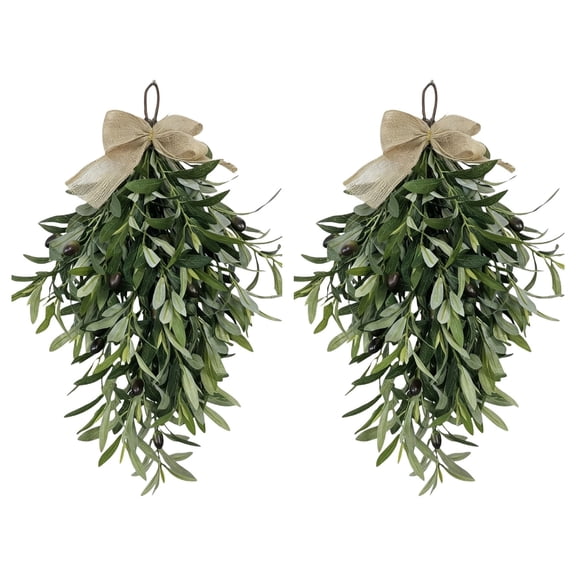 2Pcs Artificial Olive Teardrop Swag, 24" Green Olive Wreath Door Pendant with Burlap Bow and Olive Fruits, Spring Front Door Decorative Swag for Home