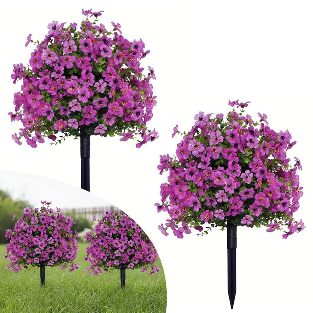 2Pcs Artificial Outdoor Flowers for Garden, 22" Faux Violet Topiary Ball with Ground Spike, UV Resistant Fake Plants for Porch, Patio and Yard Decoration