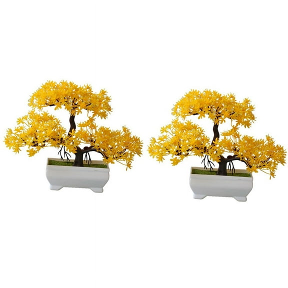2Pcs Artificial Plant Bonsai Plastic Small Tree Pot Fake Plant Flower Potted Ornaments for Home Room Table,Yellow