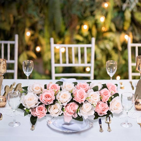 2Pcs Artificial Rose Flower Arrangements, Large Floral Centerpieces with Two Tone Fake Roses, Wedding Flower Decorations for Table Arch Backdrop Party Decor