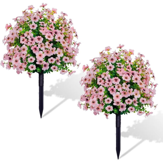 2Pcs Artificial Violet Ball Topiary Trees with Ground Spikes for Outdoor, 23.6 in Fake Artificial Bushes Plants, UV Resistant Faux Greenery Shrubs Faux Plants for Front Door Garden, Yard