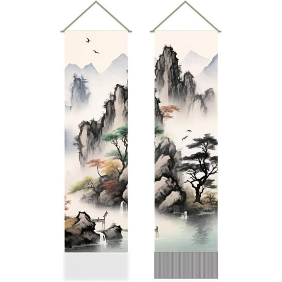 2Pcs Asian Landscape Painting Tapestry Oriental Ink Aesthetics Mountain Tree Japanese Artistry Tassel Tapestry Hanging for Bedroom Living Room Interior Dcor(45.7x13 Inch)