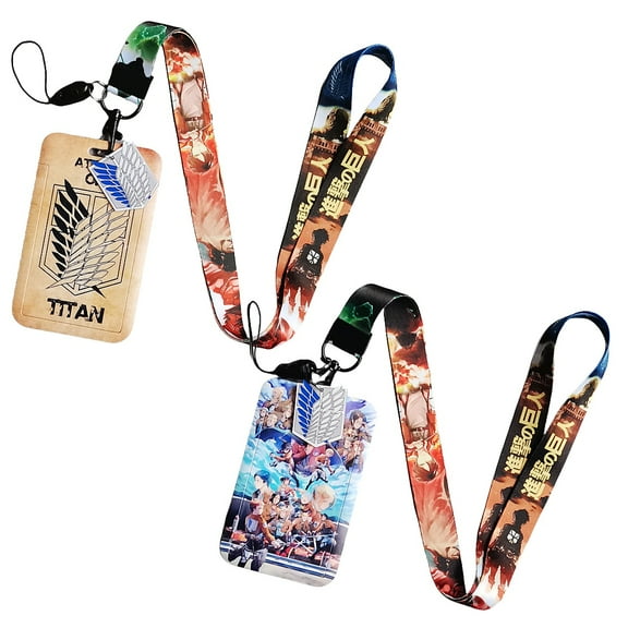 2Pcs Attack on Titan Anime Badge Keychain Lanyard ,ID Badge Holder, Cell Phone, and Charms Neck Strap Including Card Sleeve