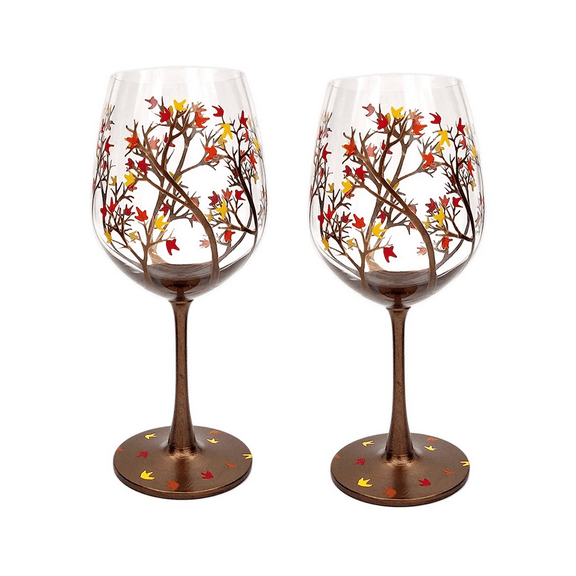 2Pcs Autumn Tree Wine Glass - Fall Colors - Leaves of Red, Yellow, Orange - Hand Painted - Fall Leaf