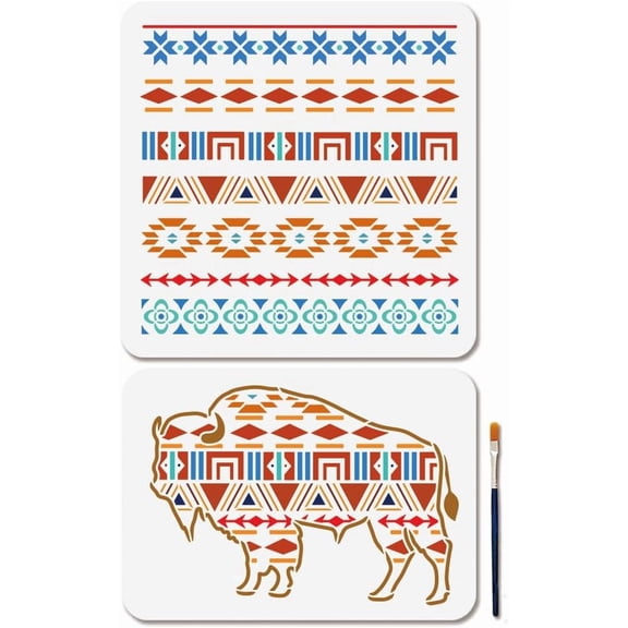 2Pcs Aztec Buffalo Stencil for Painting 11.811.8/11.78.3inch Tribal Buffalo Stencil with Paint Brush Reusable Boho Borders Pattern Drawing Template for Wood Wall Window DIY Craft Making DIY
