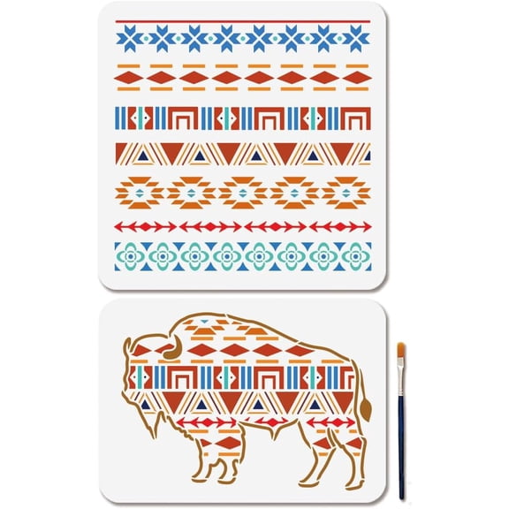 2Pcs Aztec Buffalo Stencil for Painting 11.811.8/11.78.3inch Tribal Buffalo Stencil with Paint Brush Reusable Boho Borders Pattern Drawing Template for Wood Wall Window DIY Craft Making DIY