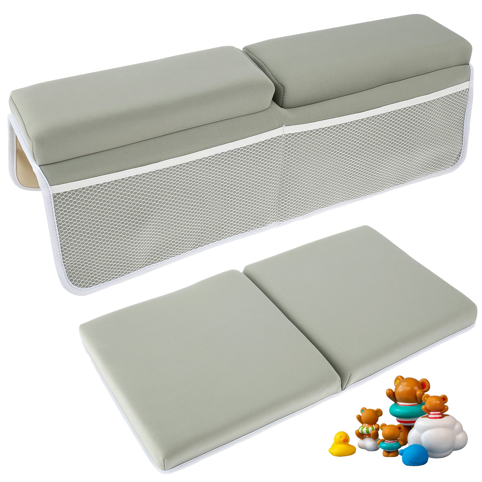 2Pcs Baby Bath Kneeler and and Elbow Rest Pad with 4 Bathtub Toy Organizer Gray