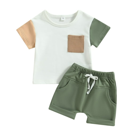 2Pcs Baby Boy Summer Outfits, Short Sleeve Contrast Color T-Shirt + Pocket Shorts Set