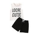 thumbnail image 1 of 2Pcs Baby Boy Summer Outfits, Sleeveless Letter Print Tank Tops + Knot Front Shorts Set 1 Months-24 Months, 1 of 9