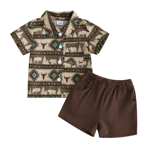 2Pcs Baby Boy Western Clothes Short Sleeve Bull Print Tops + Shorts Set Toddler Outfits