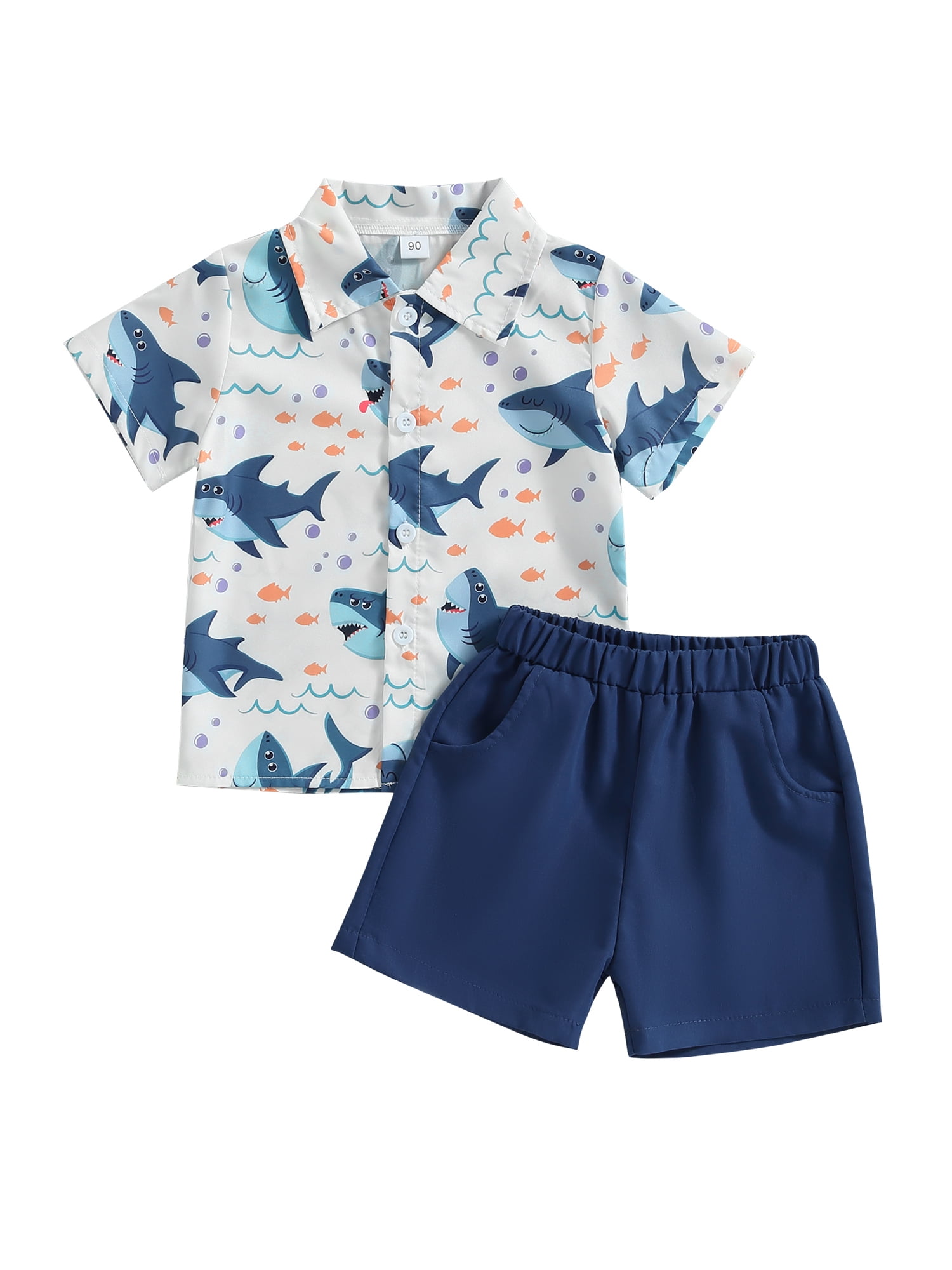 2Pcs Baby Boys Beach Outfits Lapel Shark Print Short Sleeve Button
