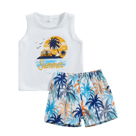 2Pcs Baby Boys Summer Clothing Sets 12M 24M 3Y 4Y 5Y Cute Letters Print Sleeveless Tank Tops T-Shirt Palm Shorts Beach Outfits
