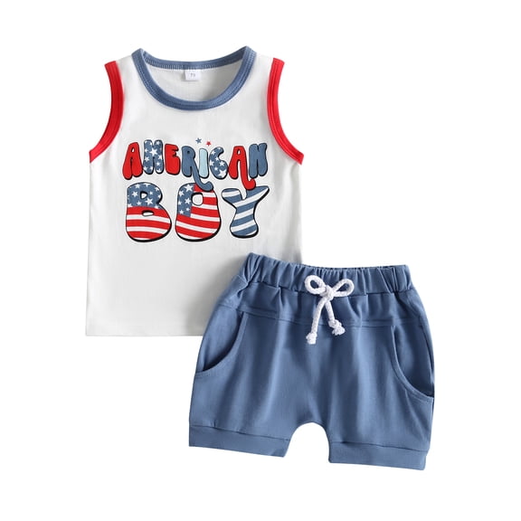 2Pcs Baby Boys Summer Clothing Sets Cute American Boy Print Sleeveless Tank Tops T-Shirt Pocket Shorts Outfits