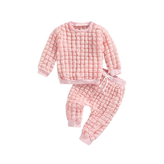 2Pcs Baby Girl Boy Fall Outfit Textured Crew Neck Long Sleeve Tops + Casual Pants Set for Toddlers