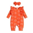 thumbnail image 1 of 2Pcs Baby Girl Halloween Outfit, Pumpkin Print Ruffle Long Sleeve Jumpsuit + Hairband Set for Infants, 1 of 9